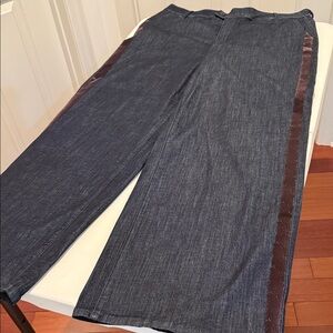 Wide Leg Cinched Waist Dark Denim Pants with Brown Velvet Pattern Stripe 14